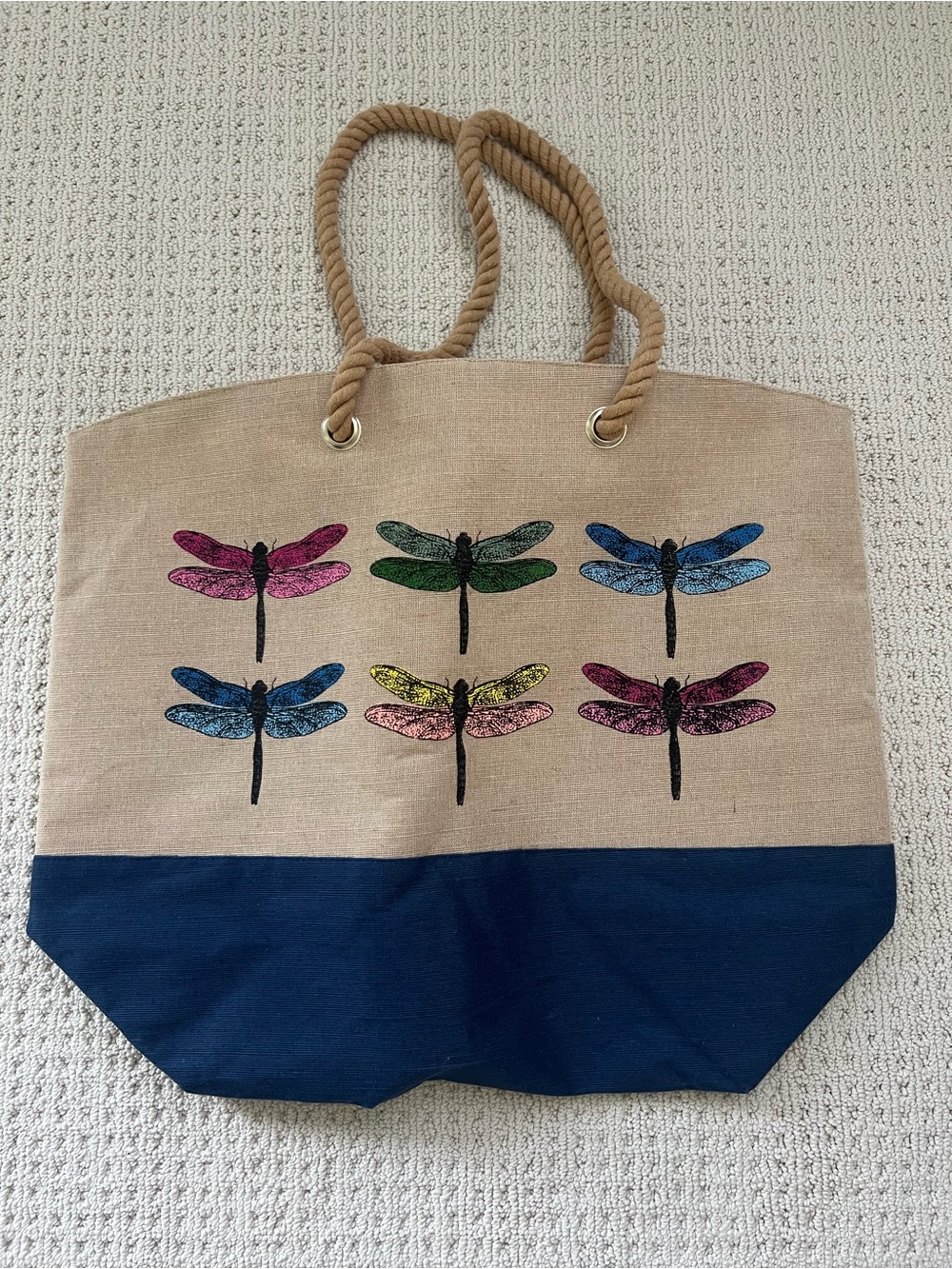 XL jumbo Canvas Dragonfly Tote Bag in Natural and Navy